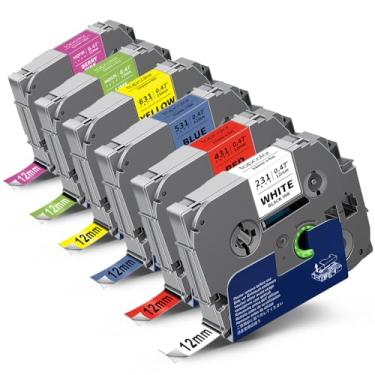 Imagem de Topcolor Pacote com 6 fitas adesivas de 12 mm 1,2 cm compatível com Brother Tze-231 Tze-431 Tze-531 Tze-631 Tze-MQG35 Tze-MQP35 P Touch Tze Tz Tape 12 mm laminada colorida para PTH110 PTD220 PTD210