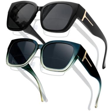 Imagem de KANASTAL Óculos de Sol Feminino Masculino Polarizado Preto 2 Pares Peças Proteção UV 400 Black Sunglasses over Glasses -Preto + Armação Gradiente Verde