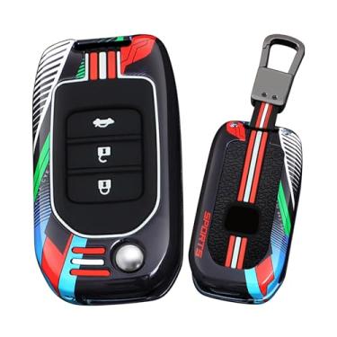 Imagem de HIBEYO Capa Flip Key Fob compatível com Honda GREIZ Civic City XRV Vezel Civic CR-V HR-V Accord Jade Crider Odyssey Acessórios Metal Painted Sports Style Key Shell com Chaveiros-3 Botões Preto