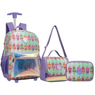 Imagem de Kit Mochila Rodinha Juvenil Escolar Lancheira Estojo Grande KIT8162 (lilás)