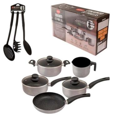 Imagem de Jogo de Panelas de Alumínio com Revestimento Cerâmico Antiaderente com Cabo Baquelite Cinza 8 peças