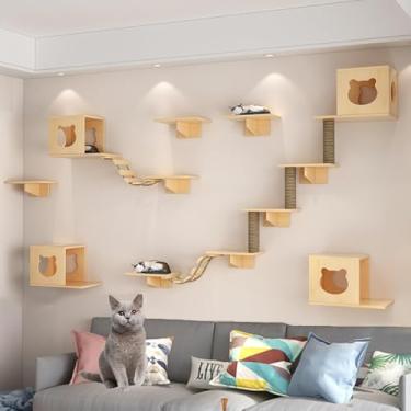 Imagem de Prateleiras de parede para gatos - Prateleiras para gatos, conjunto de móveis de parede para gatos com poleiros e degraus, espessura da placa de madeira de 1,5 cm para casa de condomínios de gato