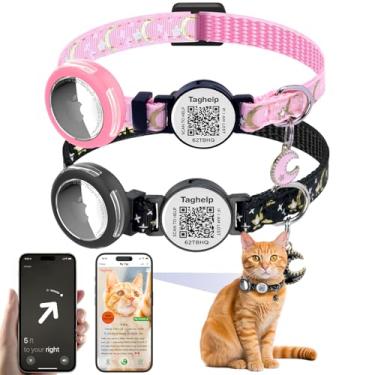 Imagem de Pacote com 2 coleiras para gatos à prova d'água com design de luas e estrelas – Suporte ajustável Apple AirTag e rastreador de segurança com código QR para gatos e gatinhos com etiqueta Smart ID/SEM