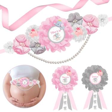 Imagem de JOYMEMO Kit De Faixa De Maternidade Para Chá De Bebê Com Elefante Rosa E Cinza - Faixa De Barriga Para Chá De Bebê Com Flores E Broches De Corpete Para Mamãe E Papai, Faixa De Gravidez Para Pais E M