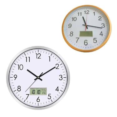 Imagem de Relógio De Parede Com Calendário E Termômetro Digital Estilo Alumínio Prata Para Escritório E Sala Prata