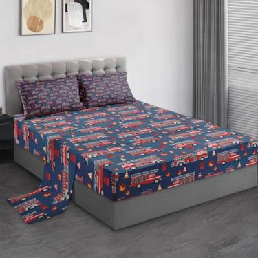 Imagem de Pamnest Jogo de lençol queen size, caminhões de bombeiros, microfibra macia, azul, 4 peças, decoração de quarto de crianças e adultos, lençol com elástico e 2 fronhas