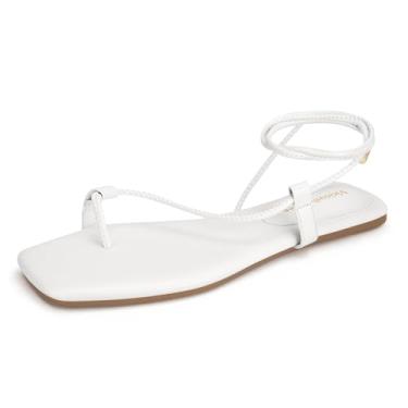 Imagem de Viciously Vixen Sandálias femininas com cadarço com tiras gladiador gladiador chinelo de amarrar bico aberto sapatos de verão, Branco, 36