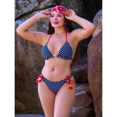 Imagem de Biquini Cortininha Com Calcinha Fio Duplo, Poá Azul / Vermelho - Naykl