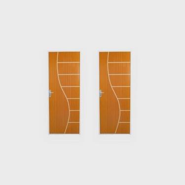 Imagem de 2 Kits Porta de Madeira Decorada 215x85cm com Batente de Aço 06cm Cantareira Mogno