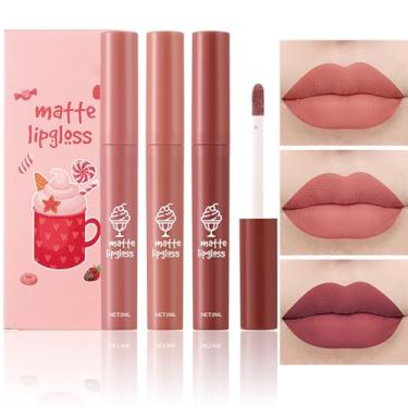 Imagem de Tiejdhr Conjunto de 3 peças de batom fosco nude, brilho labial fosco suave de veludo, 24 horas, natural, de longa duração e nutritivo, copo antiaderente para maquiagem feminina (conjunto C)