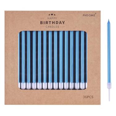 Imagem de PHD CAKE Velas de aniversário metálicas longas e finas azuis de 36 unidades, velas de bolo, festas de aniversário, decorações de casamento, velas de festa, decorações de bolo