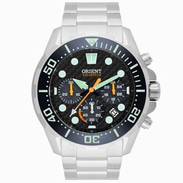 Imagem de Relógio de Pulso Orient Solar Masculino Cronógrafo Calendário Analógico Aço Inóx Prova Dágua 30 ATM Robusto Redondo Casual Prata MBSSC260 P1SX