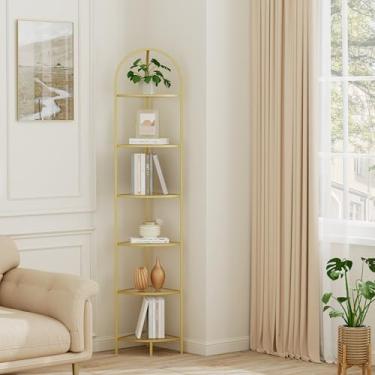 Imagem de Homhedy Suporte de prateleira de canto de 6 camadas, estante de canto de metal, prateleiras de vidro temperado, prateleira de armazenamento de banheiro, suporte de plantas, estilo moderno, dourado