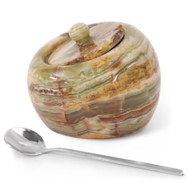 Imagem de Radicaln Saleiro de mármore com tampa caixa de sal ônix verde de 10 cm, recipiente de tempero e potes de especiarias para cozinha, suporte de sal de pedra para balcão, pote de especiarias