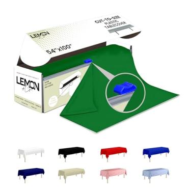 Imagem de LEMON + Co. Rolo de toalha de mesa de plástico premium verde – 137,2 cm x 100' para festas com caixa cortadora – Corte no tamanho retangular e toalha de mesa redonda descartável toalha de mesa de
