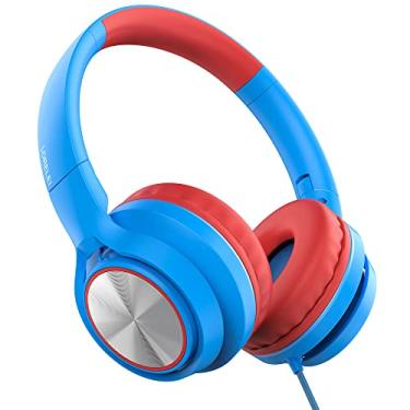Imagem de LORELEI Fones de ouvido infantis E7 com microfone, limitador de volume seguro 85/94dB, fones de ouvido intra-auriculares dobráveis estéreos sem emaranhados para crianças/meninas/escola/iPad/laptop/viagem (azul e vermelho)