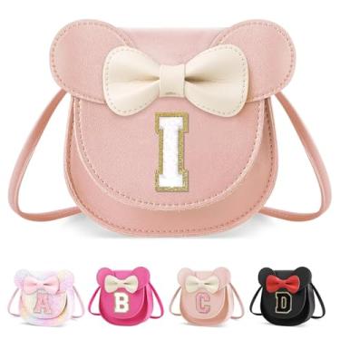 Imagem de XSUIOY Bolsa infantil para meninas, presente de aniversário para crianças, bolsa infantil com inicial personalizada, lindo laço de orelha, presente de menina, Pequeno-rosa-branco, I, I