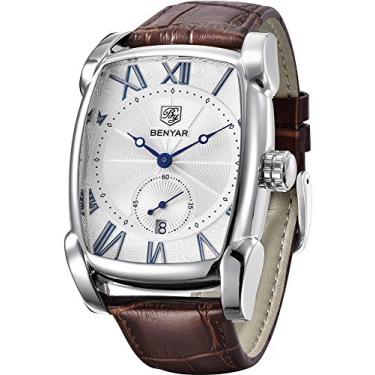 Imagem de BENYAR Relógio de pulso retangular masculino com pulseira de couro, relógio masculino retrô, moderno, casual, clássico, presente perfeito para amigos, G, marrom, branco, Movimento de quartzo, relógio