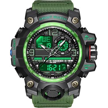 Imagem de findtime Relógios táticos masculinos para homens, relógio militar Reloj Militar para Hombre Sports Outdoor Impermeável Digial Analógico Alarme Cronômetro Big Face Relógio de Pulso, Verde, Esportivo