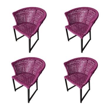 Imagem de Kit 4 Cadeiras Salinas Corda Náutica Base Em Alumínio Preto-rosa - Cor: Rosa