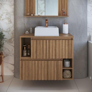 Imagem de Gabinete De Banheiro Suspenso 75cm Luiza Com 2 Portas Basculante Com Cuba Mel