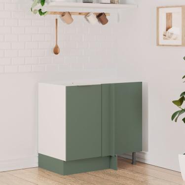 Imagem de Balcão De Canto Reto Sem Tampo Com Rodapé Puxador 150mm Ipanema Cabecasa Madeiramadeira Verde Folha-branco