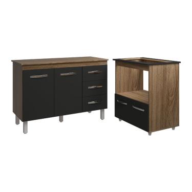 Imagem de Balcão Armário Gabinete Bruna 118 Cm Preto Com Tampo E Balcão Evelyn Para Cooktop 5 Boc...