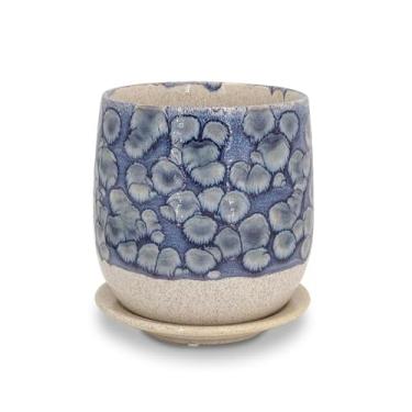 Imagem de Chralji GIFTWARE Vaso de cerâmica de 15 cm com pires, vaso de plantas de interior para plantas, vaso de flores com drenagem, esmalte reativo azul