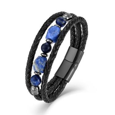 Imagem de EJARY Pulseira masculina de couro, turquesa/olho de tigre/lápis/ônix preto com contas de pedra de cura para homens, 8,27 polegadas/21 cm, Couro, Sem Pedra Preciosa
