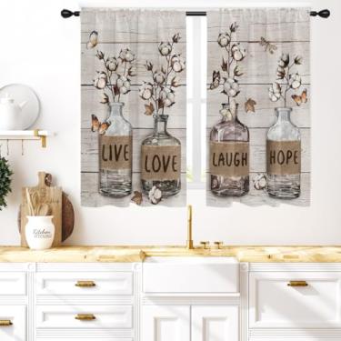 Imagem de Coxila Cortinas rústicas para janela de cozinha de fazenda, 60 x 113 cm, pequeno, curto, mini varão, bolso country, vintage, retrô, madeira, sala de estar, quarto, casa, tratamento, conjunto de 2