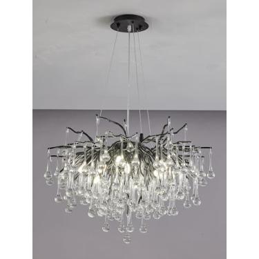 Imagem de Upfelw Lustre Moderno De Cristal Em Formato Gota Chuva, Luminária Redonda Preta Estilo Art Déco Com Galhos Árvores Para Sala Jantar, Hall Entrada, 12 Luzes D31,5''