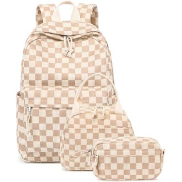Imagem de Bluboon Conjunto de mochila para adolescentes, mochila escolar, lancheira 3 em 1, Faixa marrom e branca, 12" x 6.5" x 17", Escola