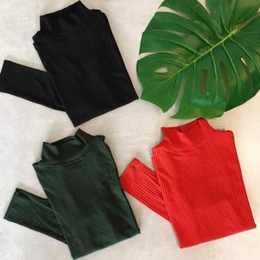 Imagem de Blusa feminina gola alta manga longa malha canelada - moda filo, Verde