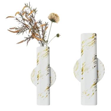 Imagem de AUXBC Tubo de flor de parede de 17,78 cm, tubo de vaso de parede, suporte de decoração de tubo de flor de metal para exibição de flores com adesivo, 2 peças (ouro branco)