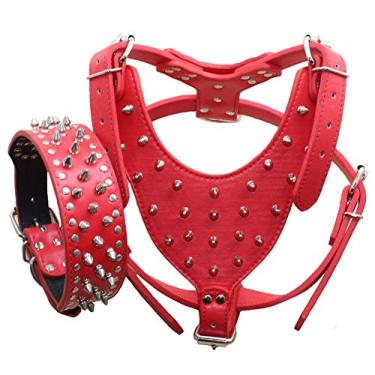 Imagem de Coleira de couro com pontas de couro haoyueer média e grande para cães, arreios conjunto de 2 peças combinando para pit bull, mastiff, boxer, bull terrierhaoyueer XL vermelho C010000124