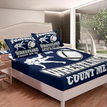 Imagem de jejeloiu Jogo de lençol solteiro de futebol americano, ultramacio, feminino, rúgbi, luta livre, azul, esportivo, lençol com elástico alto, para decoração de quarto (sem lençol de cima)