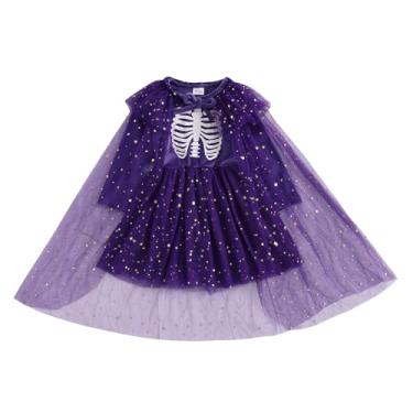 Imagem de Yccutest Conjunto de vestido tutu de veludo de Halloween infantil + capa de tule para meninas, 2 peças, fantasia de abóbora com estampa de esqueleto (roxo, 3 a 4 anos)