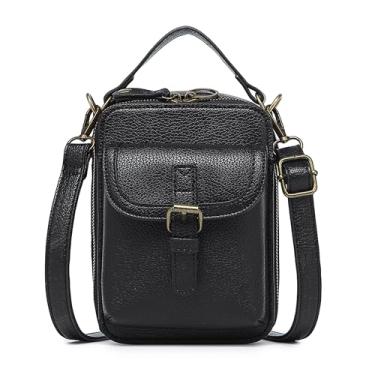 Imagem de GISMTR Bolsa tiracolo de couro feminina, bolsa carteiro vintage, bolsas de ombro antirroubo de grande capacidade com 10 compartimentos para cartão, Preto