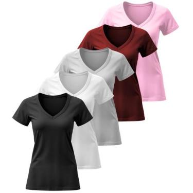 Imagem de Kit 5 Camiseta Feminina T-shirt Algodão Basicas Lisas Gola V Manga Cur