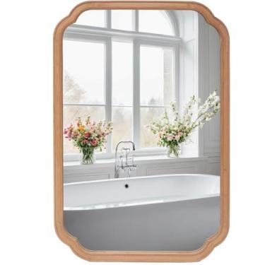 Imagem de FUIN Espelho decorativo de parede com moldura de madeira, 61 x 91 cm, design de canto macio, acabamento natural, estilo moderno de fazenda