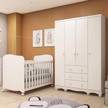 Imagem de Jogo De Quarto Infantil Júnior Guarda Roupa 4 Portas E Berço Uli Branco Brilho - Móveis Peroba