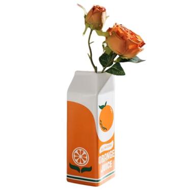 Imagem de RUIXIAOXI Vaso de cerâmica para suco de laranja, vaso de flores moderno de 22 cm de altura com design exclusivo de caixa de bebida simulada, vasos ecléticos para flores, vaso de arte para decoração de