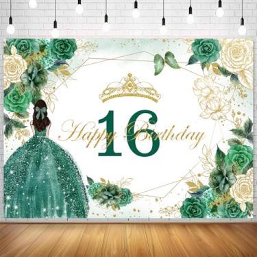 Imagem de Withu Pano de fundo floral verde de 16 anos para meninas com glitter, ouro, rosa, flor, borboleta, tema de 16 anos, decoração de mesa, banner, suporte fotográfico, 2,1 x 1,5 m