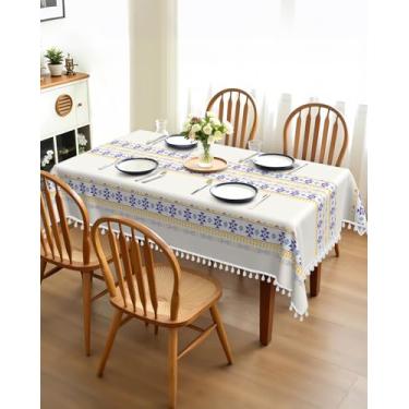 Imagem de Toalha de mesa retangular boêmia, de linho, impermeável, para jantar, fazenda, com borlas, rústico, oblongo/retangular, sem amassos, para cozinha, jantar, festa, piquenique, 139 x 232 cm