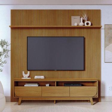 Imagem de Painel Piso Teto New Guaporé com Rack Bancada Selene New Luna Ambiente Cumaru - Madetec