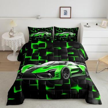 Imagem de Conjunto de edredom de carro esportivo, tamanho casal, blocos geométricos, 3 peças, para decoração de quarto de crianças, adolescentes e mulheres, conjunto de edredom geométrico, hexágono, acolchoado