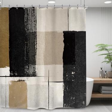 Imagem de Yookeb Cortina de chuveiro geométrica abstrata marrom preta 152 cm L x 188 cm Moderna Contemporânea Minimalista Simples Arte Neutro Tecido Poliéster 12 Ganchos de Plástico Impermeável Decoração