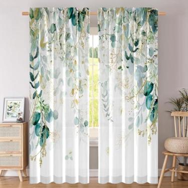 Imagem de Cortinas verdes douradas para sala de estar, azul, verde, folhas de eucalipto, cortinas de filtragem de luz, cortinas florais brancas para quarto, cortina de janela com estampa de folhas de fazenda