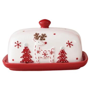 Imagem de Manteiga de cerâmica, Manteiga de Natal 17 x 12 x 12 cm de cerâmica com tampa redonda e design em relevo 3D multiuso com tema natalino para cozinha doméstica