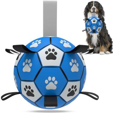 Imagem de QDAN Bola de futebol extra grande para cães – Bolas duráveis para cães extragrandes com alça, brinquedo interativo para puxar para cães com alça para cabo de guerra (22 cm)